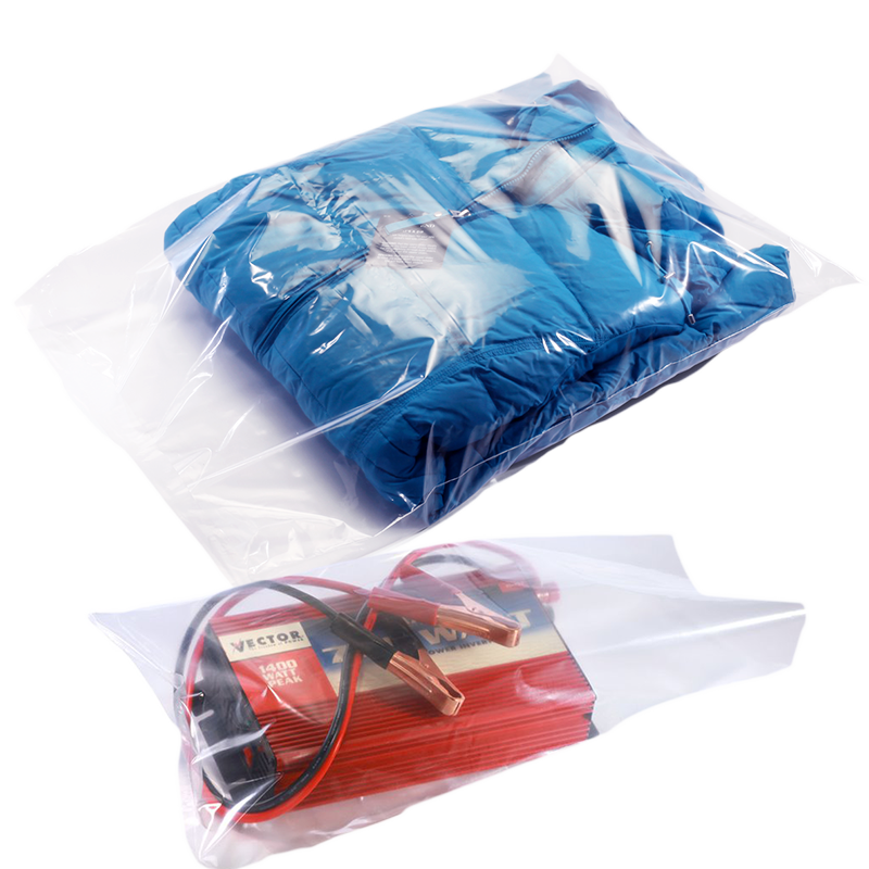 two clear flat poly bags with a blue sweatshirt inside one and a red plug inside the other