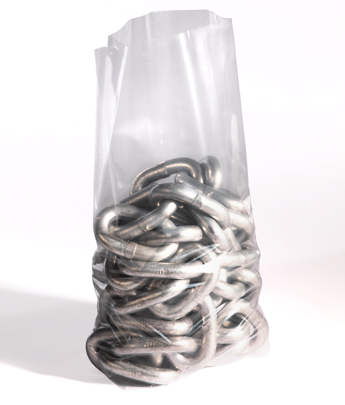 metal chain links in a gusseted poly bag standing up on white background